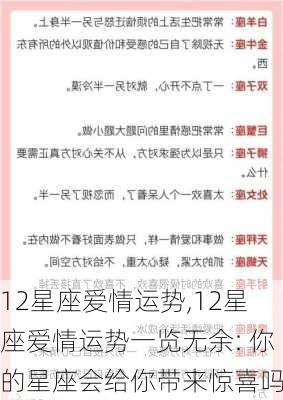 12星座爱情运势,12星座爱情运势一览无余: 你的星座会给你带来惊喜吗?